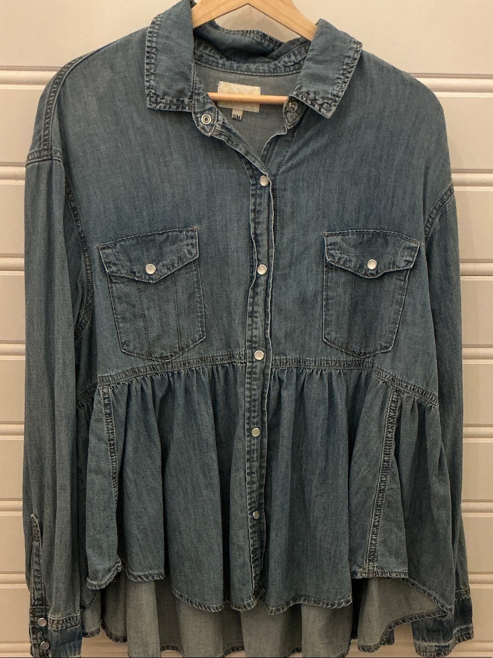 Wishlist Washed Denim Peplum Button-Up Shirt - Blue